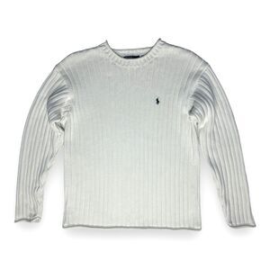 Vintage 90s MADE IN JAPAN Polo Ribbed Sweater L Ivory Fisherman Short Fit